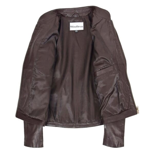 WeeBroz Women's Brown Leather Biker Jacket Casual Standing Collar Style - Image 6