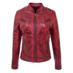 WeeBroz Women's Burnt Red Leather Biker Jacket Standing Collar Style