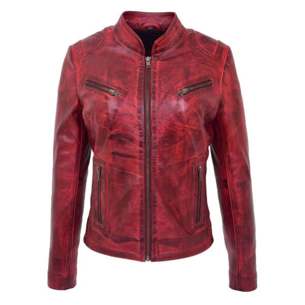 WeeBroz Women's Burnt Red Leather Biker Jacket Standing Collar Style - Image 1
