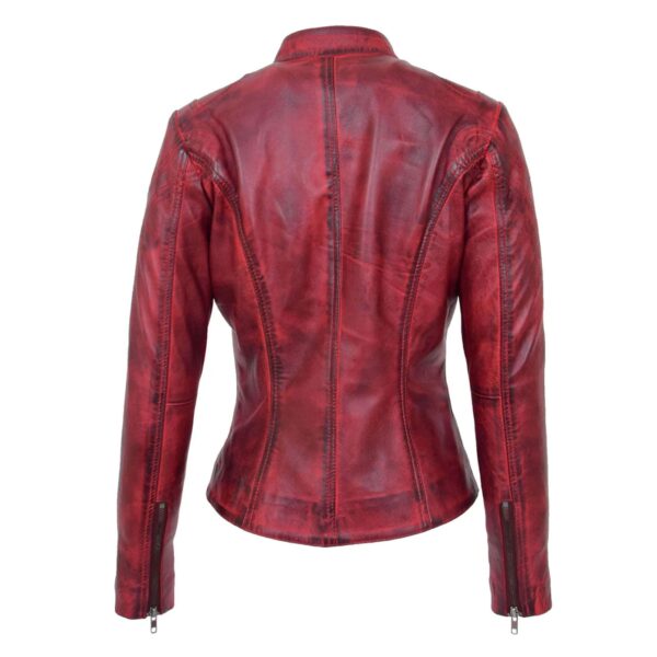 WeeBroz Women's Burnt Red Leather Biker Jacket Standing Collar Style - Image 2