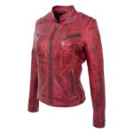 WeeBroz Women's Burnt Red Leather Biker Jacket Standing Collar Style - Image 3