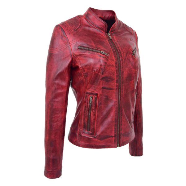 WeeBroz Women's Burnt Red Leather Biker Jacket Standing Collar Style - Image 4