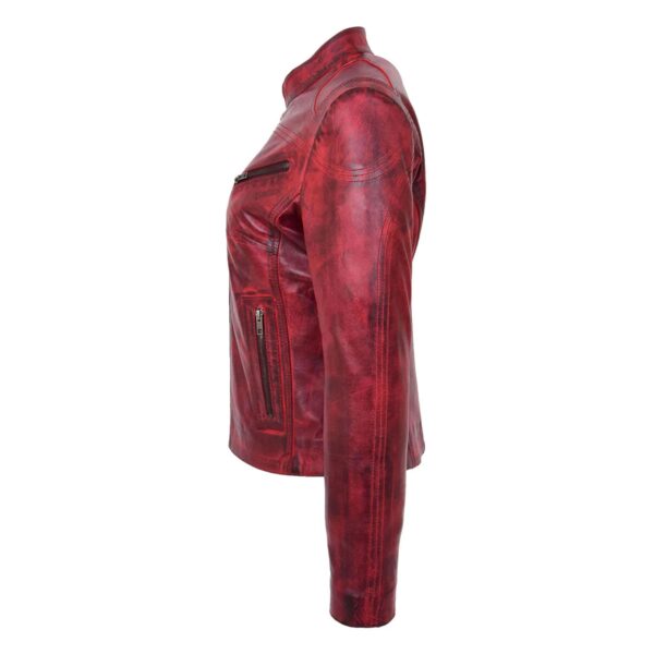 WeeBroz Women's Burnt Red Leather Biker Jacket Standing Collar Style - Image 5