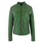 WeeBroz Women's Dark Green Leather Biker Jacket Front Zip Closure Style