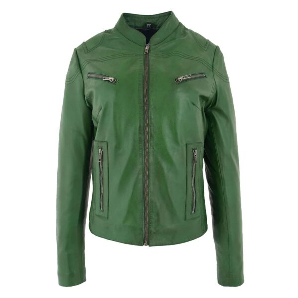 WeeBroz Women's Dark Green Leather Biker Jacket Front Zip Closure Style - Image 1