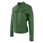 WeeBroz Women's Dark Green Leather Biker Jacket Front Zip Closure Style - Image 3