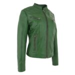 WeeBroz Women's Dark Green Leather Biker Jacket Front Zip Closure Style - Image 4