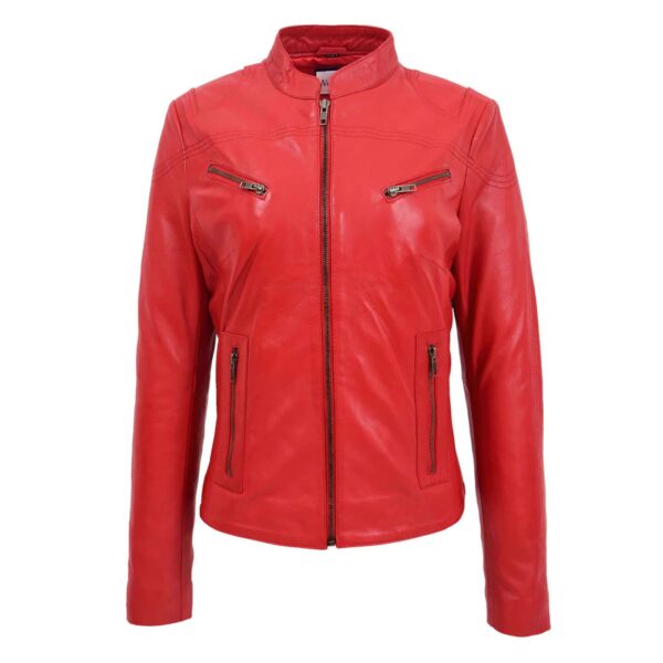 WeeBroz Women's Red Leather Biker Jacket Casual Moto Style - Image 1