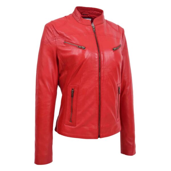 WeeBroz Women's Red Leather Biker Jacket Casual Moto Style - Image 3