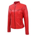 WeeBroz Women's Red Leather Biker Jacket Casual Moto Style - Image 4