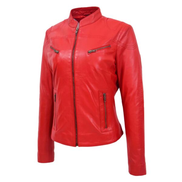WeeBroz Women's Red Leather Biker Jacket Casual Moto Style - Image 4