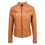WeeBroz Women's Tan Leather Biker Jacket Front Zip Closure Style