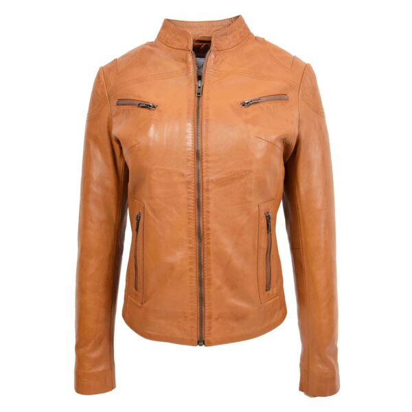 WeeBroz Women's Tan Leather Biker Jacket Front Zip Closure Style - Image 1