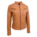 WeeBroz Women's Tan Leather Biker Jacket Front Zip Closure Style - Image 3