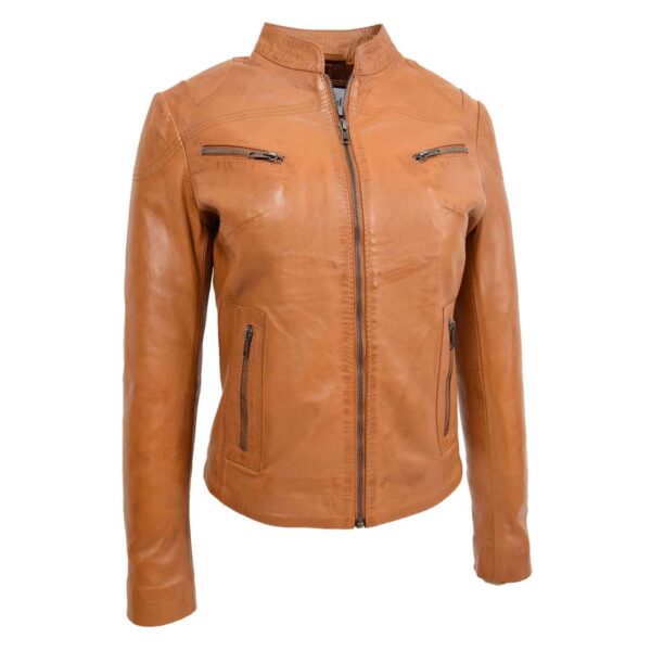 WeeBroz Women's Tan Leather Biker Jacket Front Zip Closure Style - Image 3