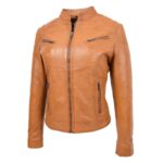 WeeBroz Women's Tan Leather Biker Jacket Front Zip Closure Style - Image 4