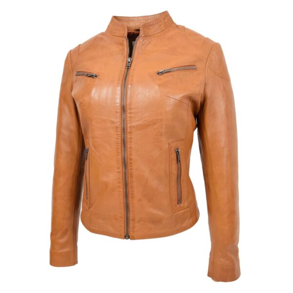 WeeBroz Women's Tan Leather Biker Jacket Front Zip Closure Style - Image 4