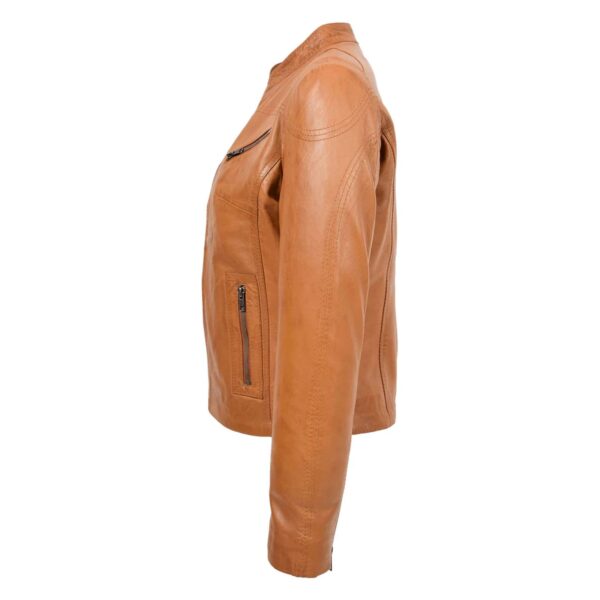 WeeBroz Women's Tan Leather Biker Jacket Front Zip Closure Style - Image 5