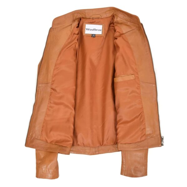 WeeBroz Women's Tan Leather Biker Jacket Front Zip Closure Style - Image 6