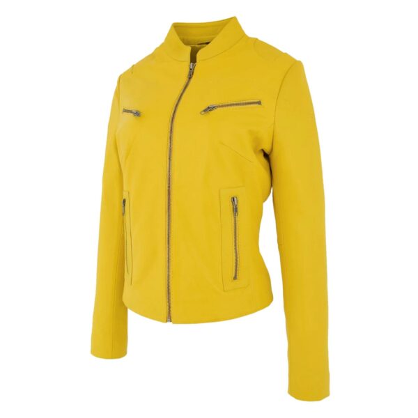WeeBroz Women's Yellow Leather Biker Jacket Casual Moto Style - Image 3