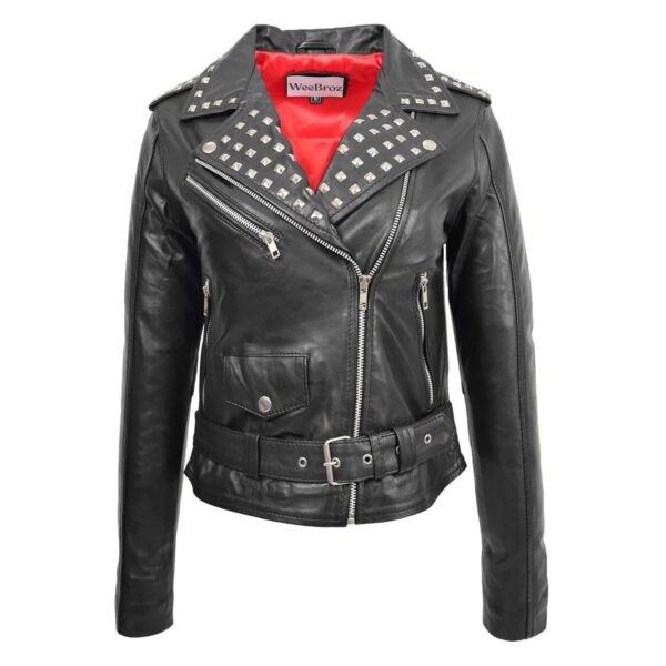 WeeBroz Women's Black Leather Biker Jacket Studded Brando Style - Image 1
