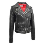 WeeBroz Women's Black Leather Biker Jacket Studded Brando Style - Image 3