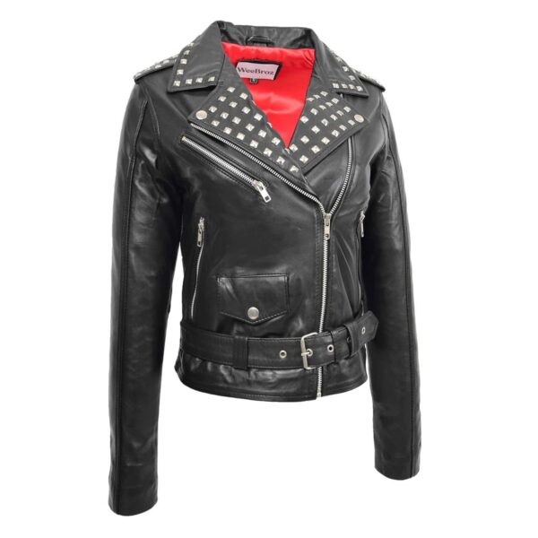 WeeBroz Women's Black Leather Biker Jacket Studded Brando Style - Image 3