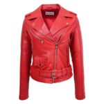 WeeBroz Women's Red Leather Biker Jacket Classic Moto Style