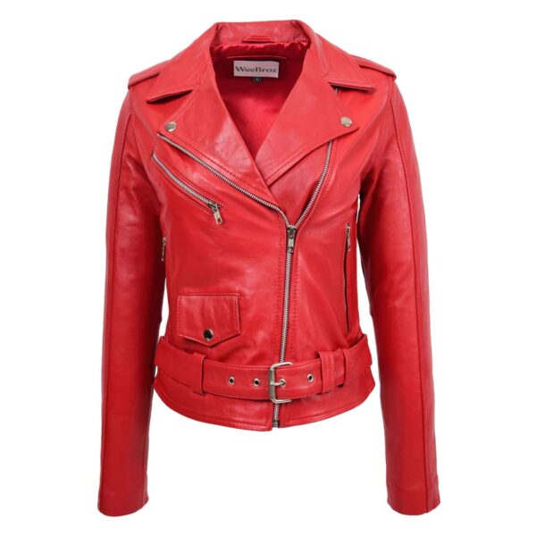 WeeBroz Women's Red Leather Biker Jacket Classic Moto Style - Image 1