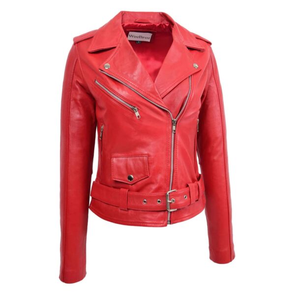 WeeBroz Women's Red Leather Biker Jacket Classic Moto Style - Image 3