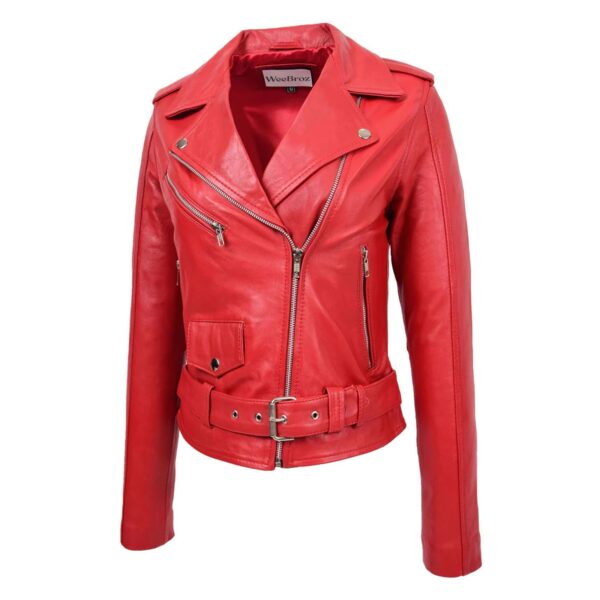 WeeBroz Women's Red Leather Biker Jacket Classic Moto Style - Image 4