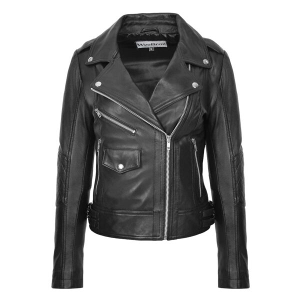 WeeBroz Women's Black Leather Biker Jacket Fashion Cross Zip Style - Image 1