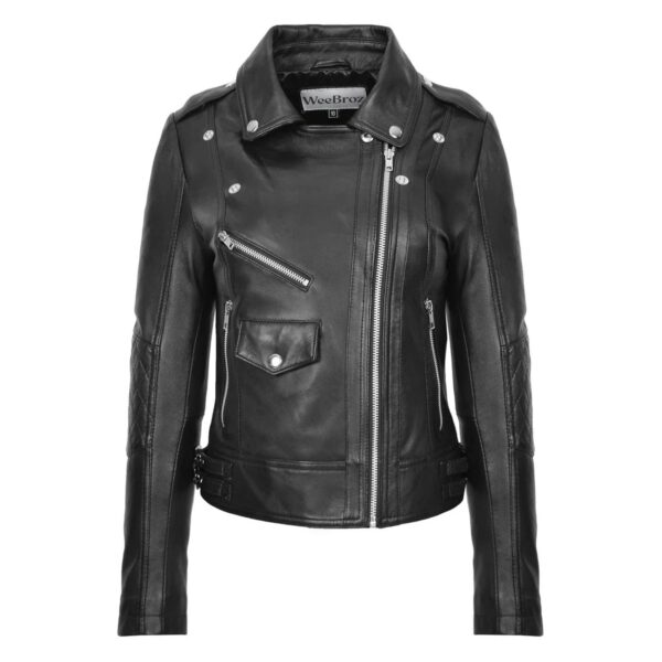 WeeBroz Women's Black Leather Biker Jacket Fashion Cross Zip Style - Image 3