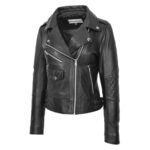 WeeBroz Women's Black Leather Biker Jacket Fashion Cross Zip Style - Image 5