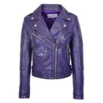 WeeBroz Women's Purple Leather Biker Jacket Cross Zip Biker Style