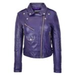 WeeBroz Women's Purple Leather Biker Jacket Cross Zip Biker Style - Image 3
