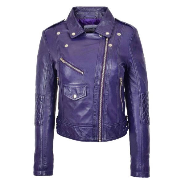 WeeBroz Women's Purple Leather Biker Jacket Cross Zip Biker Style - Image 3