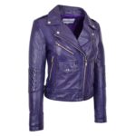 WeeBroz Women's Purple Leather Biker Jacket Cross Zip Biker Style - Image 4