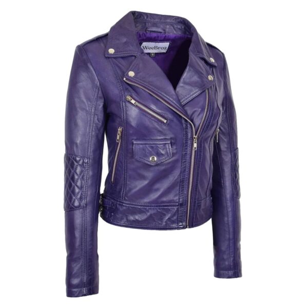 WeeBroz Women's Purple Leather Biker Jacket Cross Zip Biker Style - Image 4