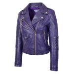 WeeBroz Women's Purple Leather Biker Jacket Cross Zip Biker Style - Image 5