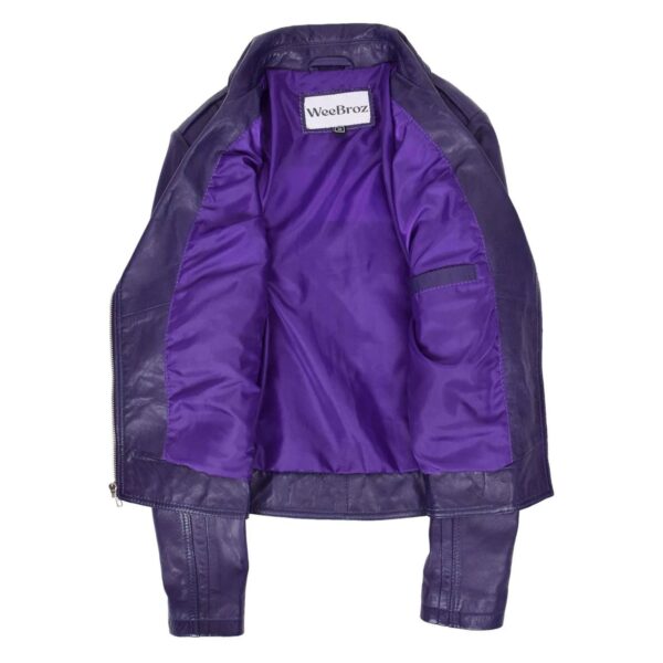 WeeBroz Women's Purple Leather Biker Jacket Cross Zip Biker Style - Image 7