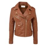 WeeBroz Women's Tan Leather Biker Jacket Fashion Cross Zip Style