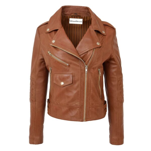 WeeBroz Women's Tan Leather Biker Jacket Fashion Cross Zip Style - Image 1