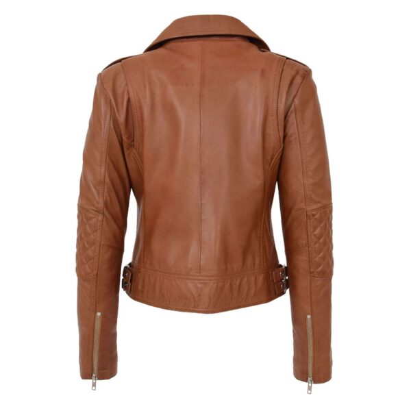WeeBroz Women's Tan Leather Biker Jacket Fashion Cross Zip Style - Image 2