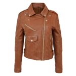 WeeBroz Women's Tan Leather Biker Jacket Fashion Cross Zip Style - Image 3