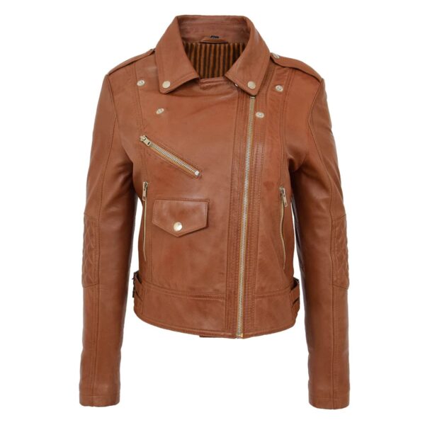 WeeBroz Women's Tan Leather Biker Jacket Fashion Cross Zip Style - Image 3