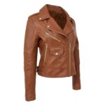 WeeBroz Women's Tan Leather Biker Jacket Fashion Cross Zip Style - Image 4