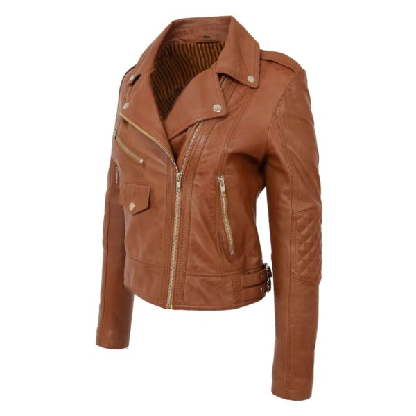 WeeBroz Women's Tan Leather Biker Jacket Fashion Cross Zip Style - Image 5