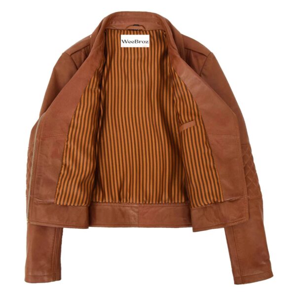 WeeBroz Women's Tan Leather Biker Jacket Fashion Cross Zip Style - Image 7