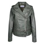 WeeBroz Women's Green Real Leather Biker Jacket 2-in-1 Cropped Style